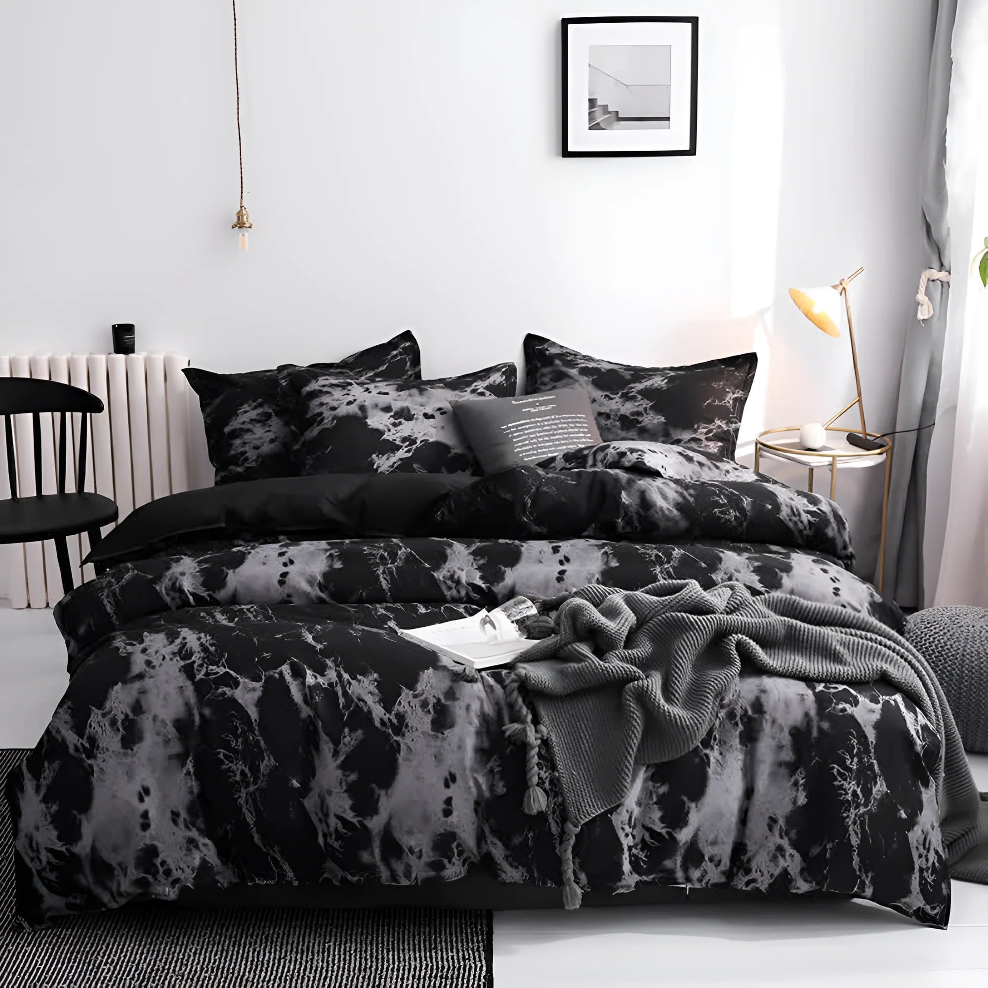 Black Marble Bedding Set featuring a Soft Microfiber Duvet Cover and coordinating Pillowcases, showcasing a Modern Elegant Design ideal for contemporary bedrooms. 0